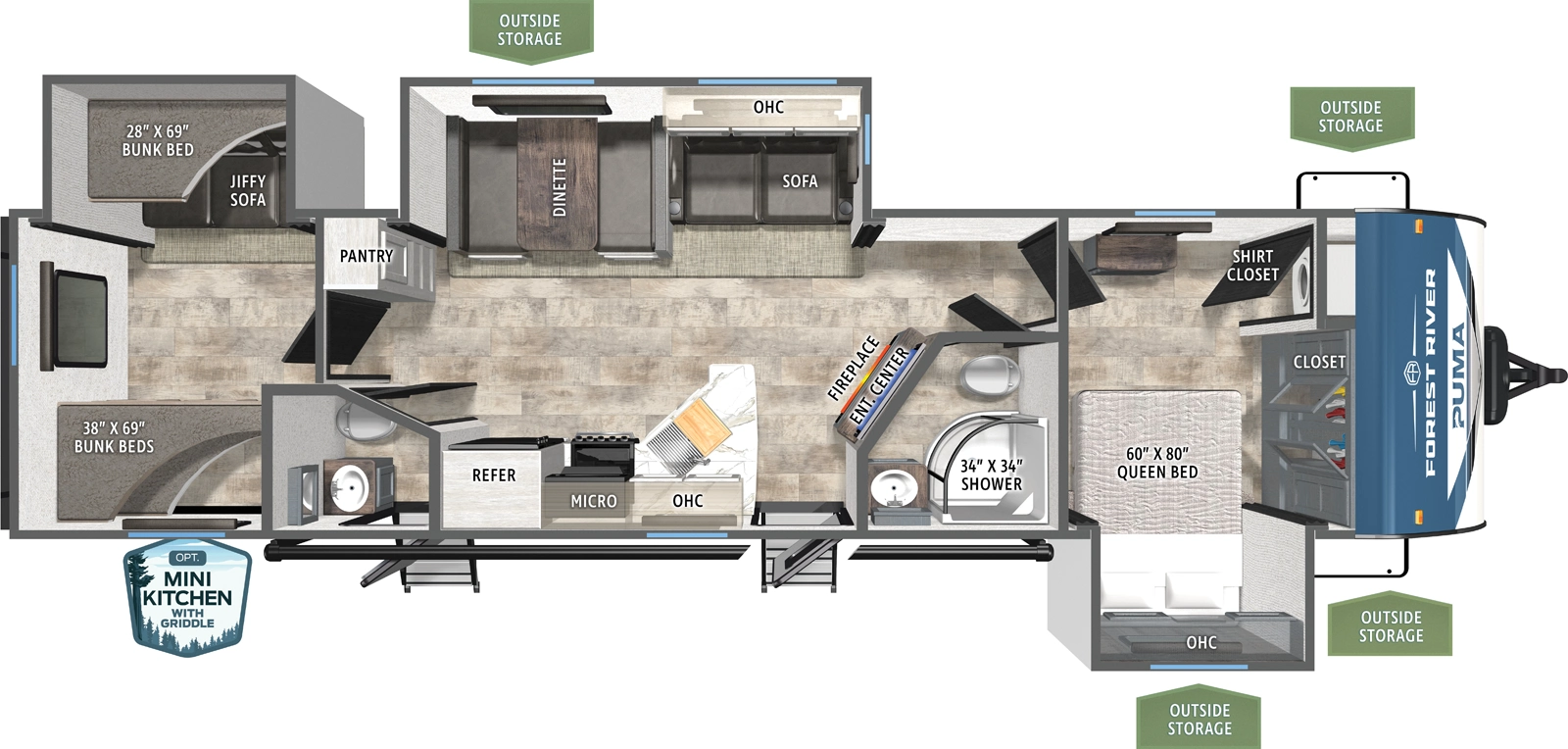 The Puma 32BHQS floorplan has two entries and three slide outs. Exterior features include: metal exterior, 21' awning and outside kitchen. Interiors features include: bunk beds, front bedroom and bathroom and a half.
